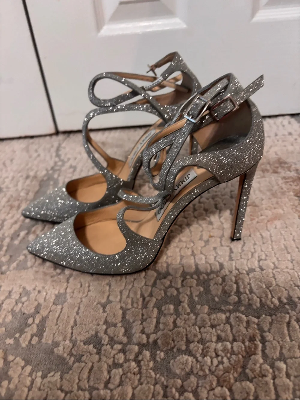 Jimmy Choo Silver Glitter Pointed-Toe Ankle-Strap Heels size 37